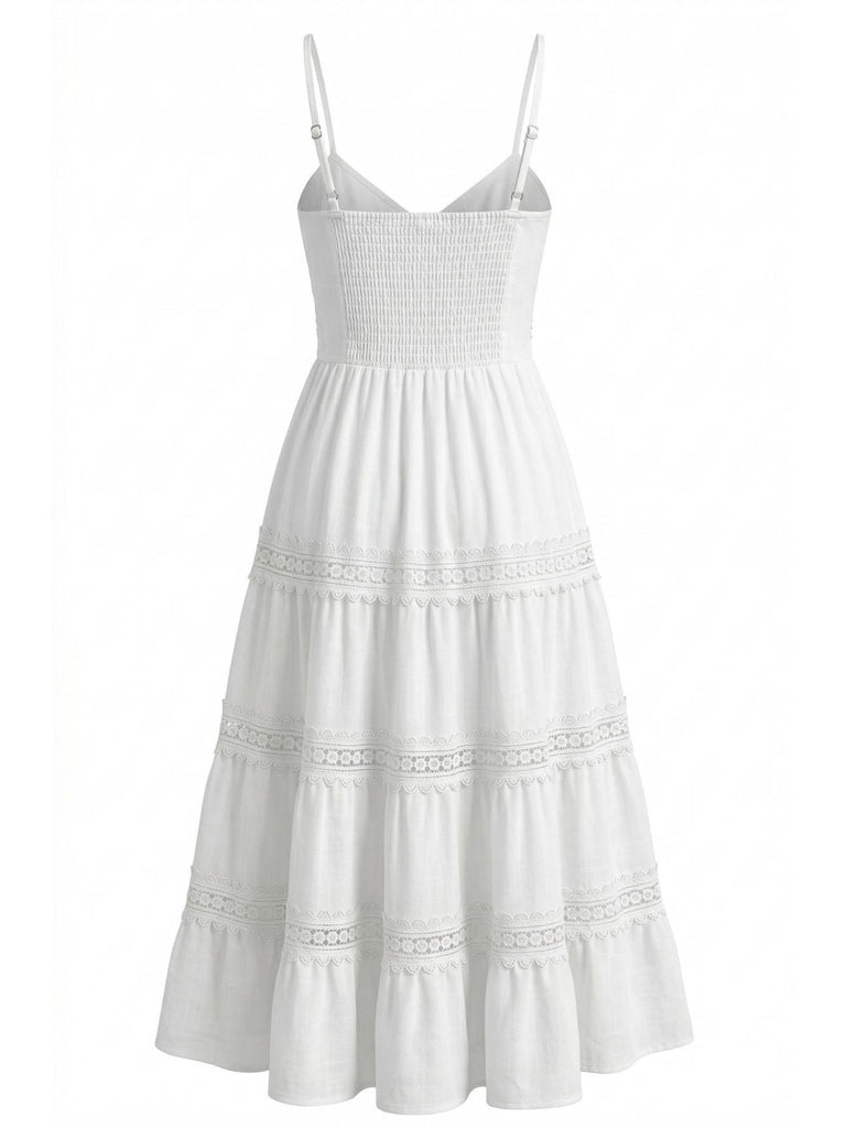 Blanc Bretelles Fines Bohème Dentelle à Volants Étagés Robe Années 1970 4