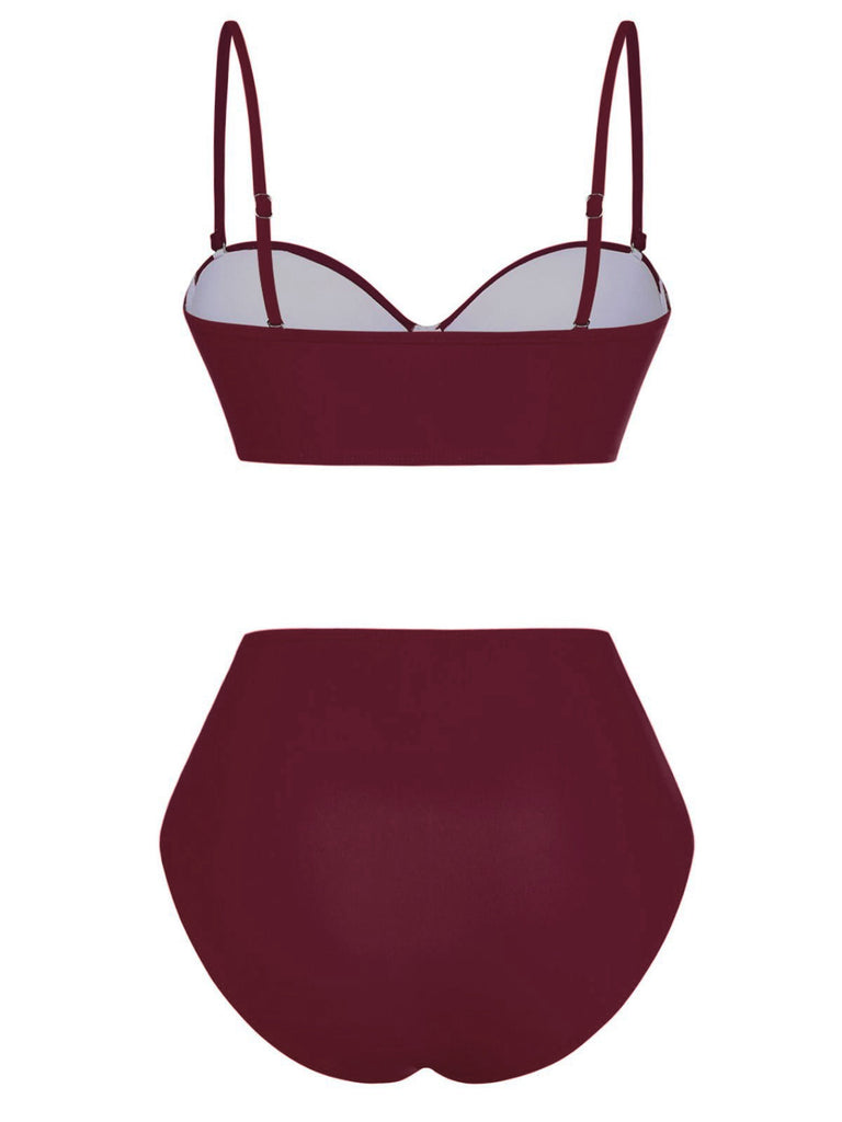 wine-red-1940s-High-Waisted-Ruched-Bikini-Set-back-view