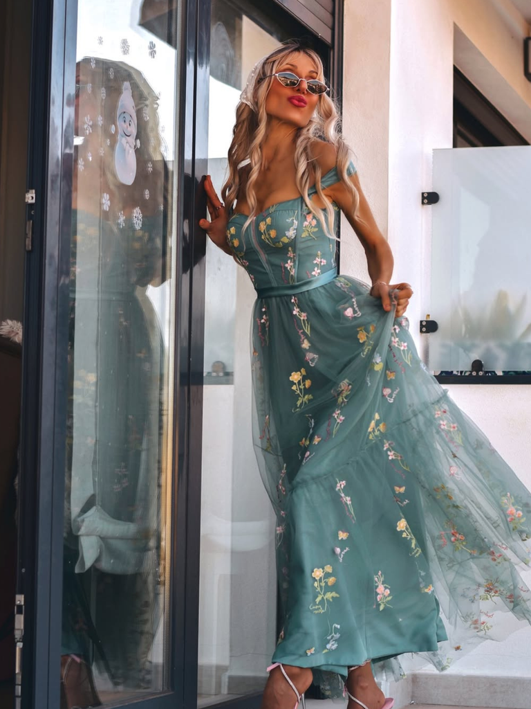 Robe en maille florale à lacets et baleines des années 1930