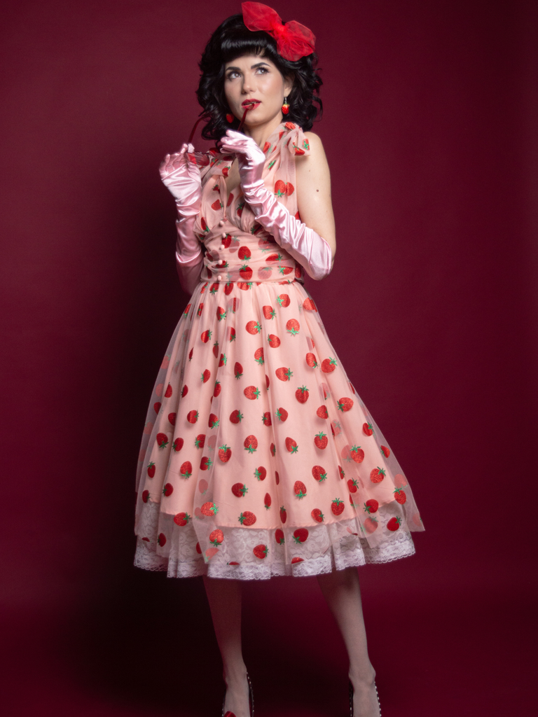 Robe trapèze rose fraise années 1950 en maille Chic