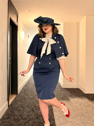 2PCS Robe Crayon Vintage Année 60 avec Cape Bleu