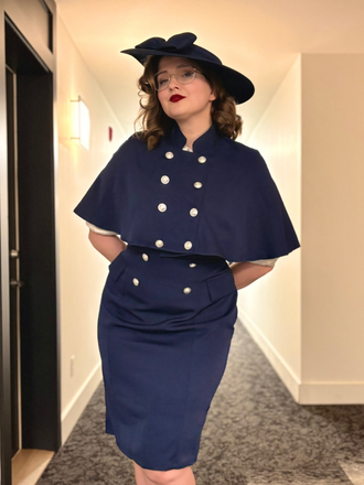 2PCS Robe Crayon Vintage Année 60 avec Cape Bleu