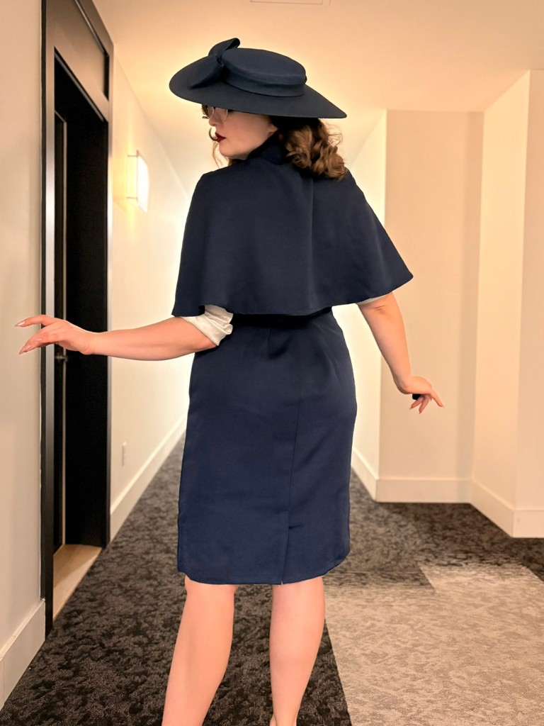 2PCS Robe Crayon Vintage Année 60 avec Cape Bleu