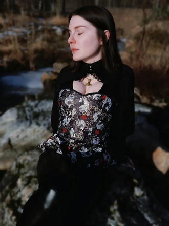 Corset noir à volants sans bretelles à imprimé poissons koï des années 1970