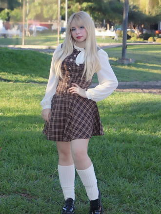 Robe trapèze marron à carreaux avec nœud années 1960