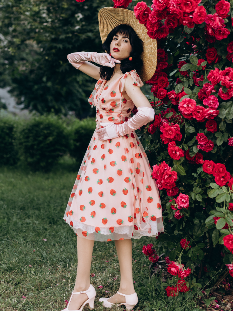 Robe trapèze rose fraise années 1950 en maille Chic