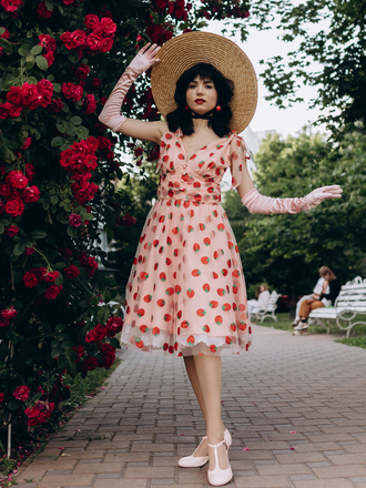 Robe trapèze rose fraise années 1950 en maille Chic