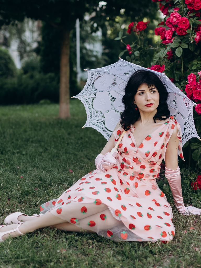 Robe trapèze rose fraise années 1950 en maille Chic