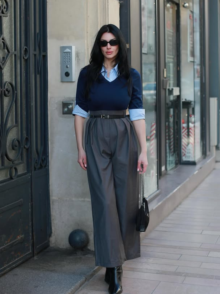 Combinaison chemise manches trois-quarts en tricot bleu et gris années 40