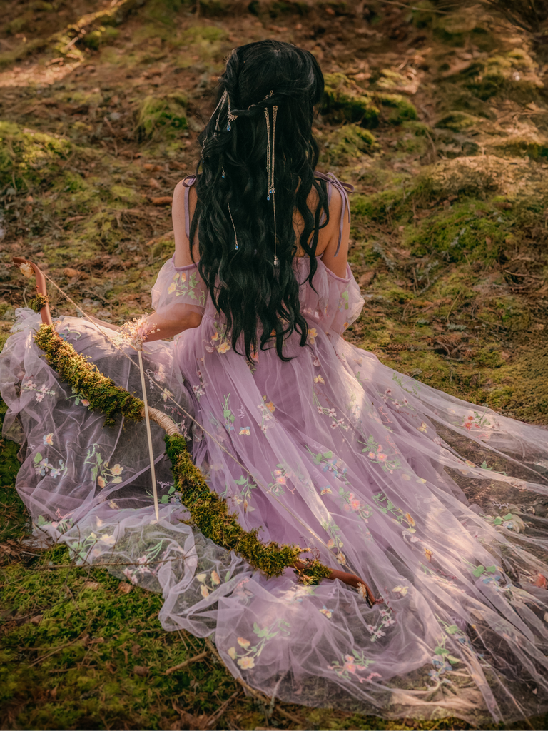 Robe fendue violette tulle fleurs 1970s