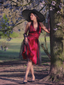 Robe trapèze rouge années 50 en maille à pois cocktail chic