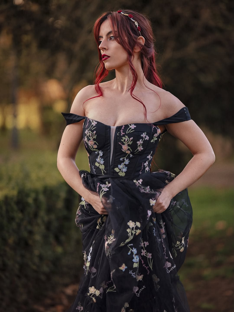 [Prévente] Robe maille florale lacets baleines noire 1930s