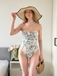 Maillot de bain une pièce à bretelles fines florales bleu 1950s