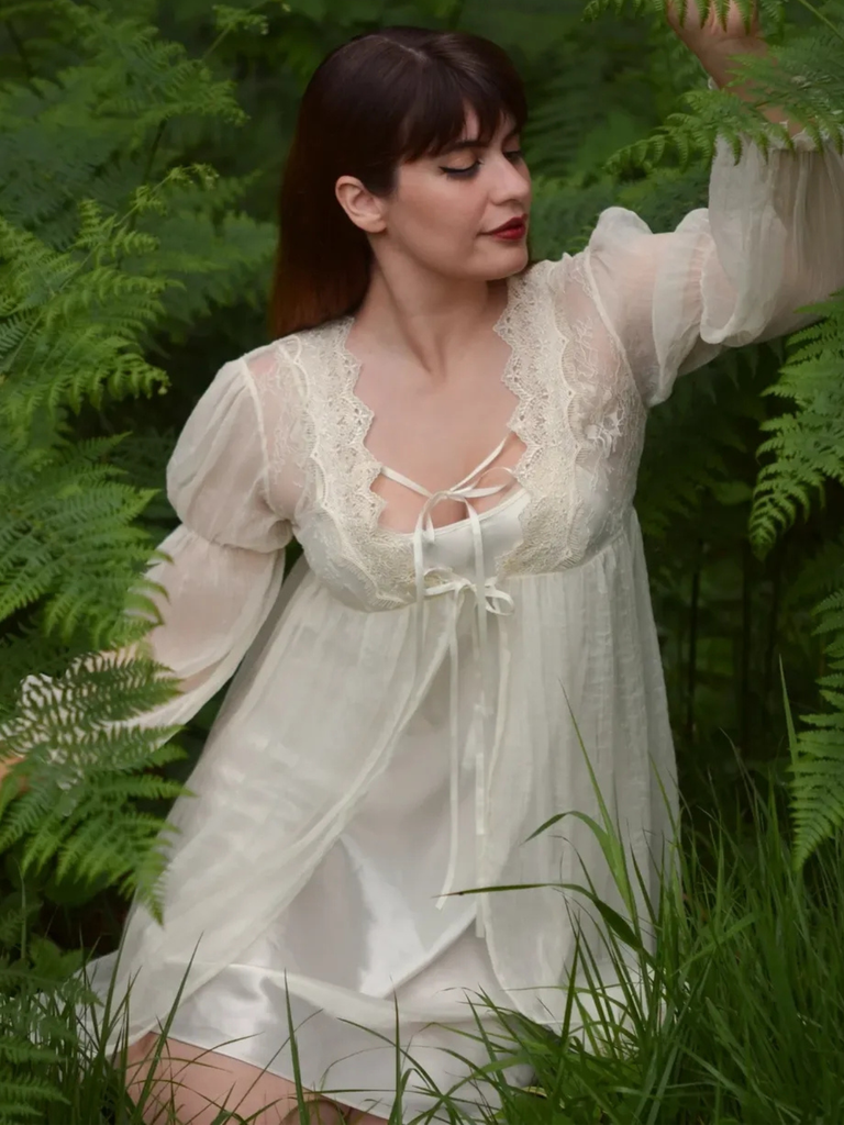 2PCS Chemise de nuit et peignoir fendus bretelles florales 1950s