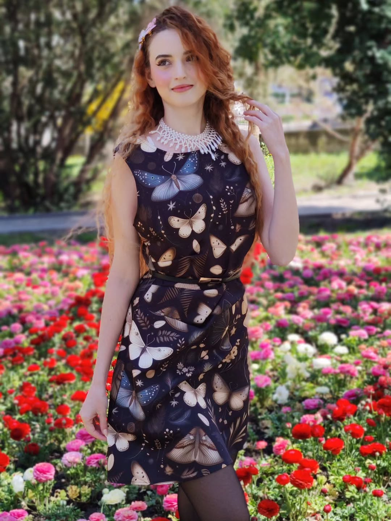 Robe trapèze noire motif papillon et sorcière des années 1960