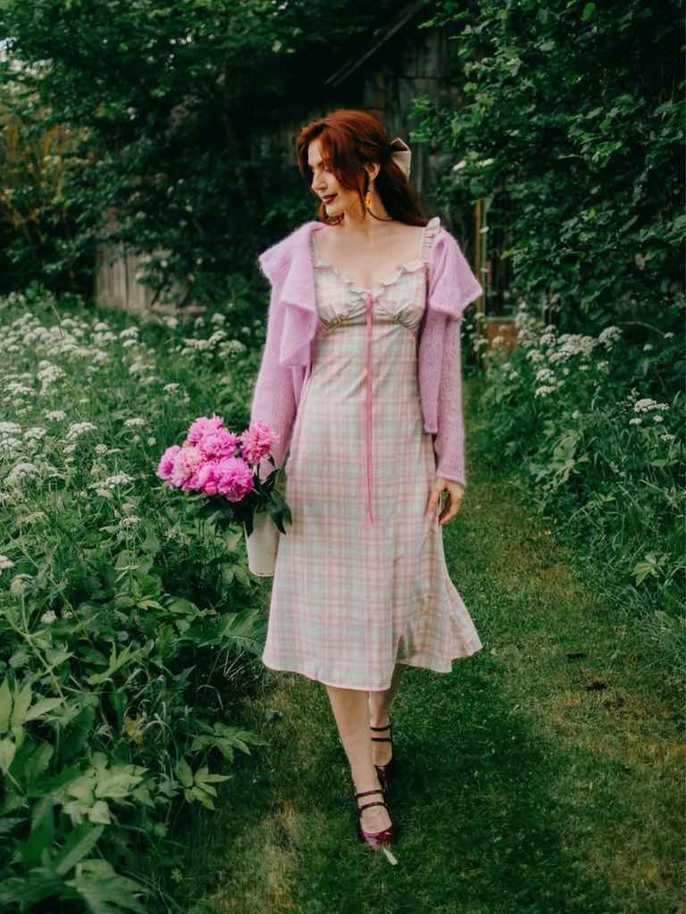 Robe swing volants nœud col cœur carreaux pastels 1950s