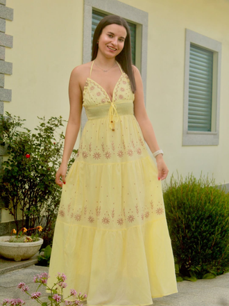 [Prévente] Robe fleurie brodée à col en V abricot des années 1930