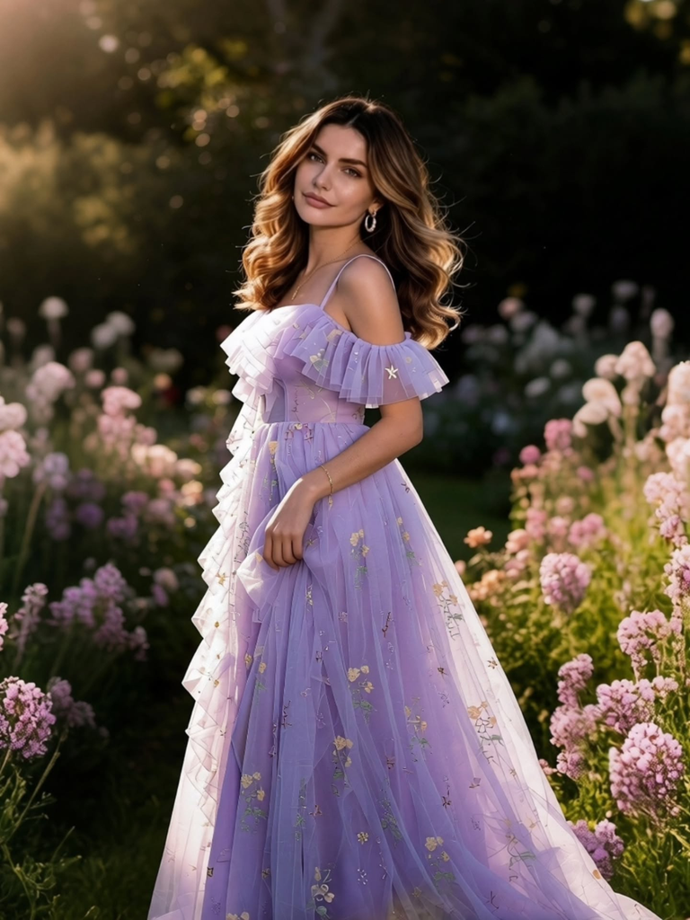 Robe fendue violette tulle fleurs 1970s
