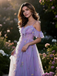 Robe fendue violette tulle fleurs 1970s