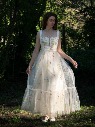 Robe en maille jaune florale à lacets et baleines 1930s