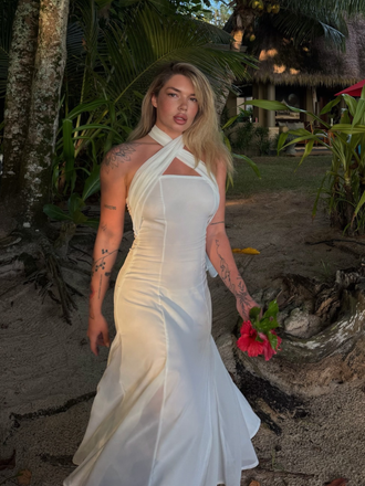 Robe convertible blanc col licou croisée en mousseline de soie années 1930