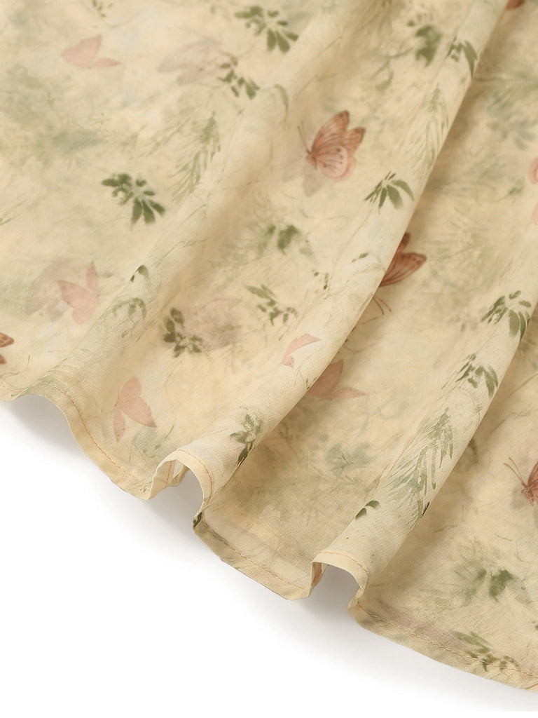 Yellow 1930s Butterfly Flutter Sleeve Chiffon Dress-fabric-closeup