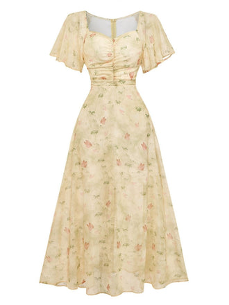 Sunny yellow 1930s butterfly print chiffon dress featuring romantic flutter sleeves and square neckline for vintage themed events and tea parties