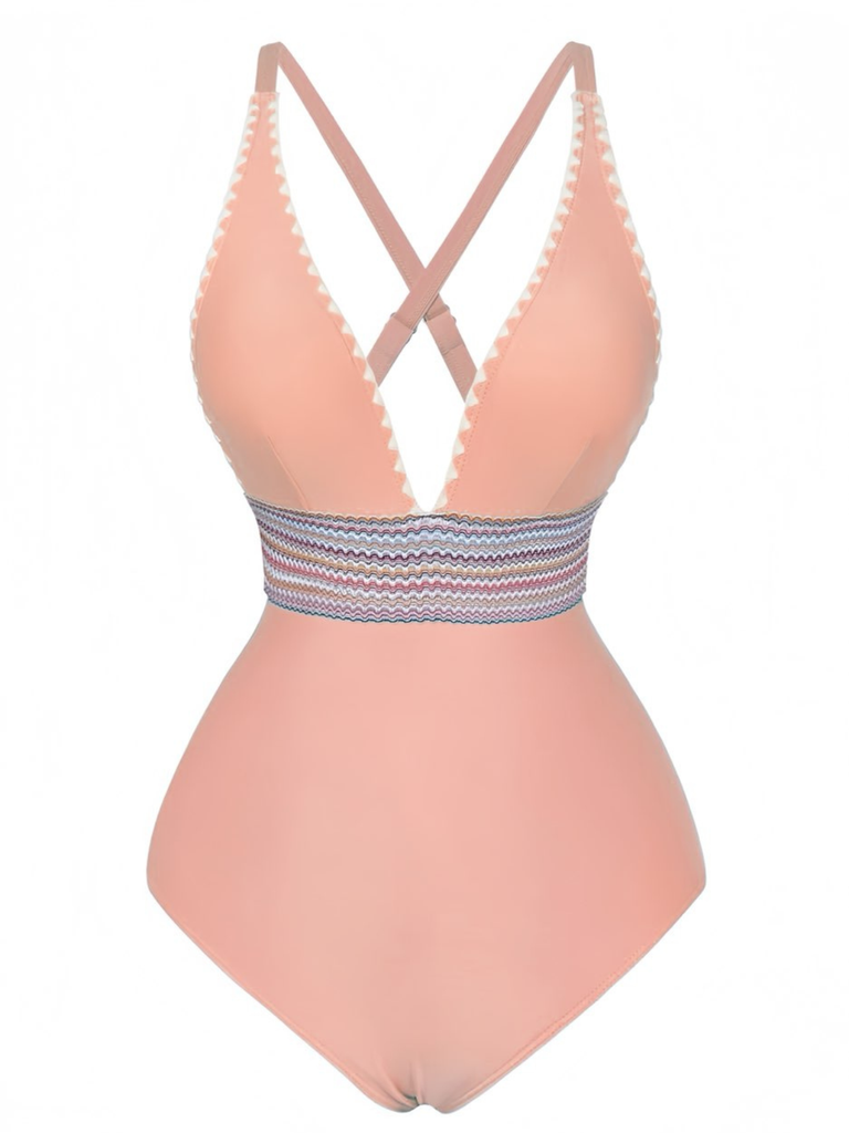 Maillot De Bain Une Pièce Col V Profond Ondulé Patchwork Année 1940