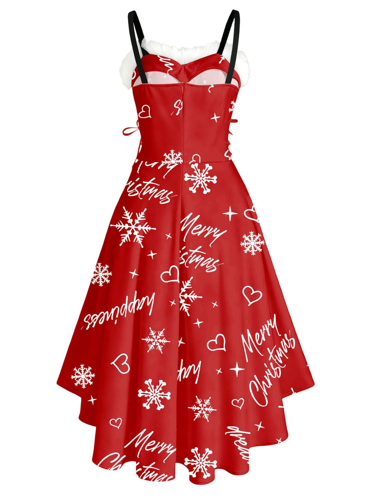 Robe de Noël tartan à ourlet asymétrique bordé de fourrure des années 1950