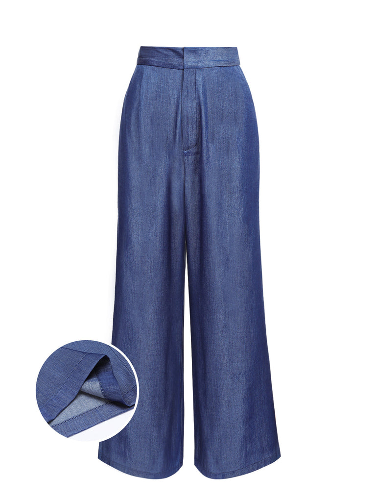 Pantalon large taille haute bleu
