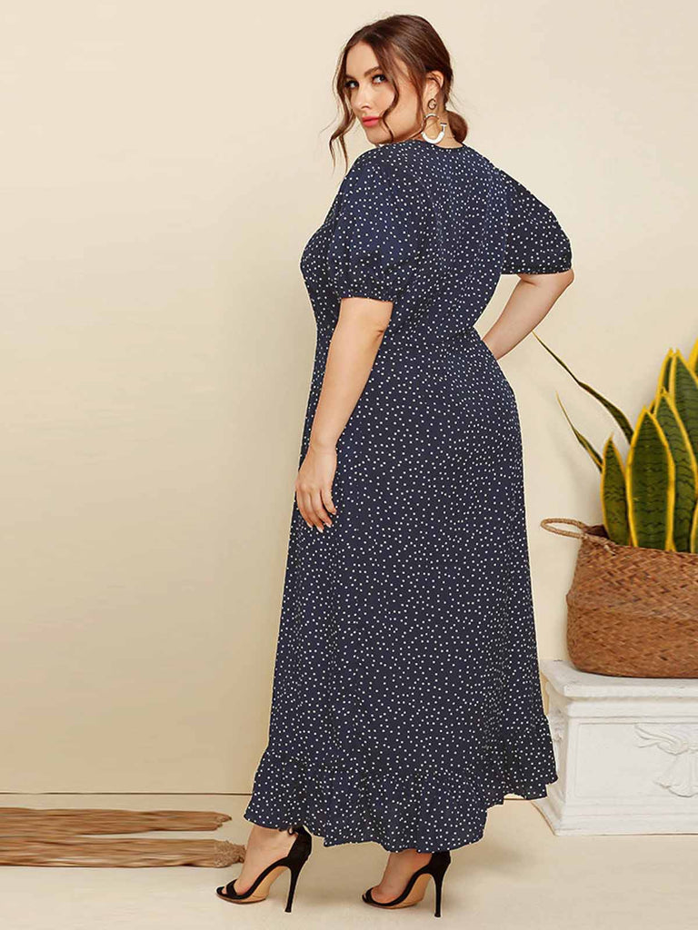 Robe bleu foncé à pois et col en V des années 1930 de grande taille