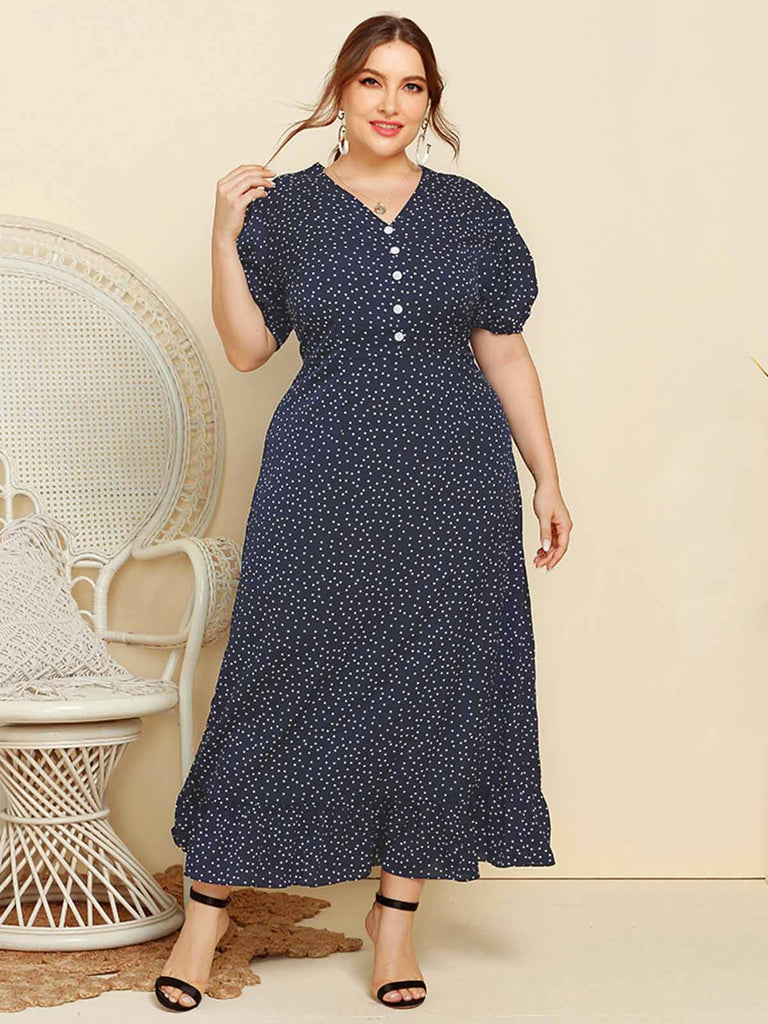 Robe bleu foncé à pois et col en V des années 1930 de grande taille