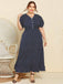Robe bleu foncé à pois et col en V des années 1930 de grande taille