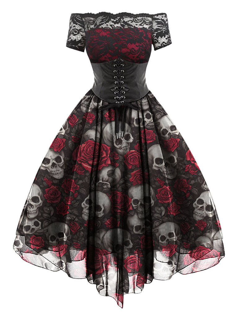 [Prévente] Robe en maille en dentelle rose crâne d'Halloween des années 50