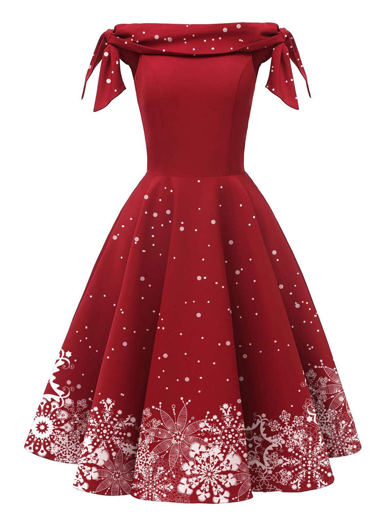 Robe Épaules Dénudées Flocon Neige Rouge Années 1950