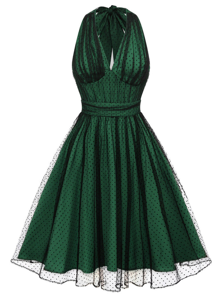 Robe en maille à pois dos nu de Noël verte des années 1950