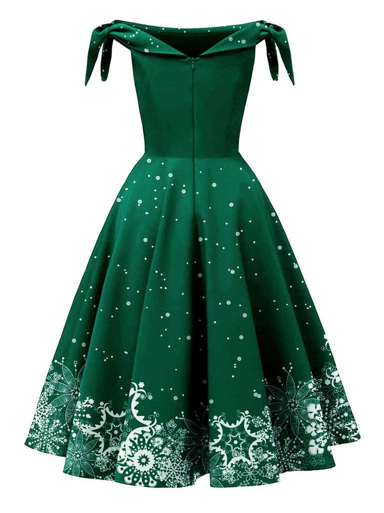 Robe verte à épaules dénudées en forme de flocon de Noël des années 1950