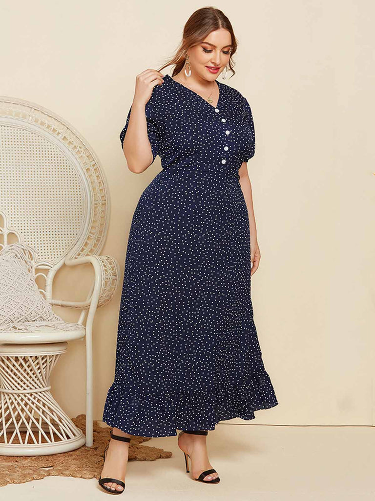 Robe bleu foncé à pois et col en V des années 1930 de grande taille