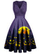 Robe trapèze à encolure en V violet foncé des années 1950