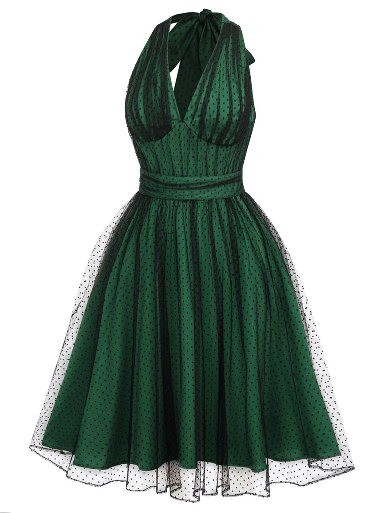 Robe en maille à pois dos nu de Noël verte des années 1950