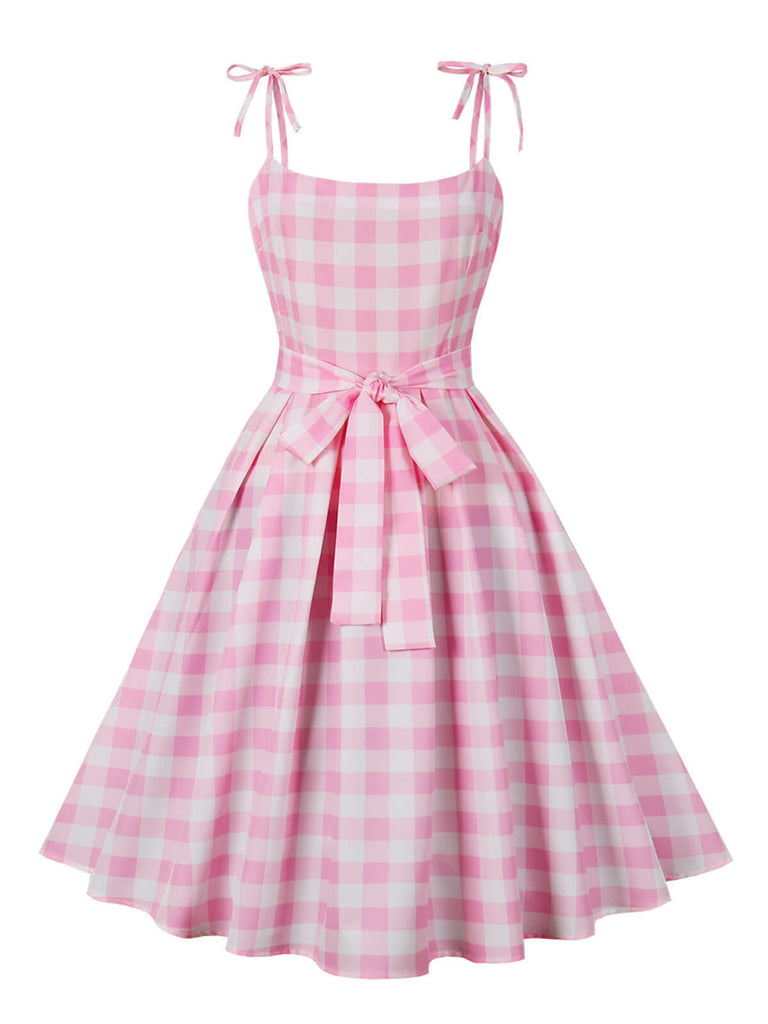 Robe rose grande taille à bretelles à carreaux des années 1950
