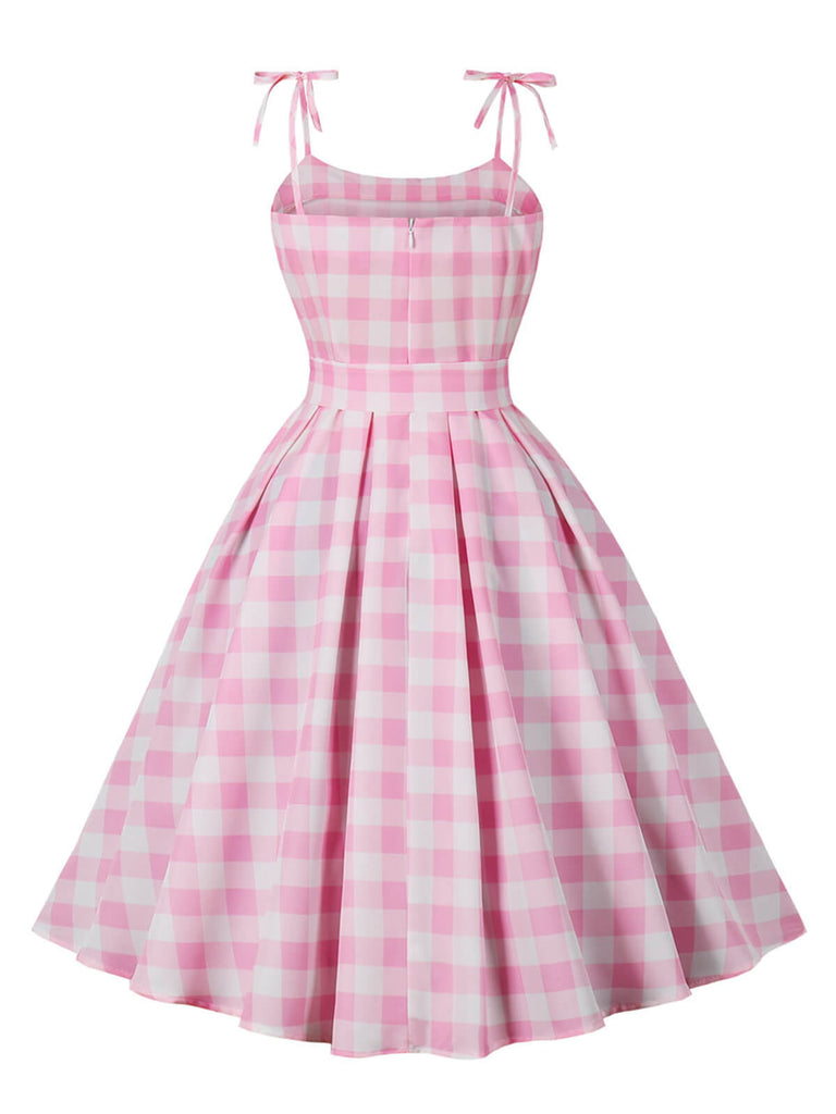 Robe rose grande taille à bretelles à carreaux des années 1950