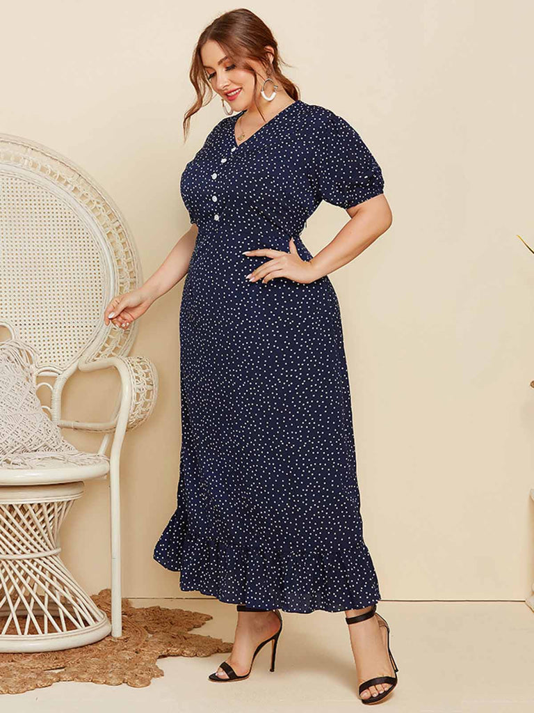 Robe bleu foncé à pois et col en V des années 1930 de grande taille
