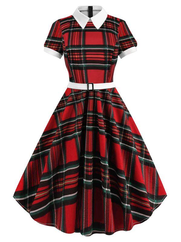 Robe Swing Vintage Années 50 à Carreaux Rouge Chic