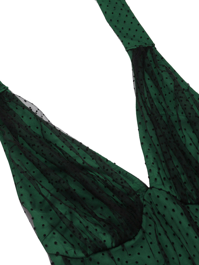 Robe en maille à pois dos nu de Noël verte des années 1950 Cocktail