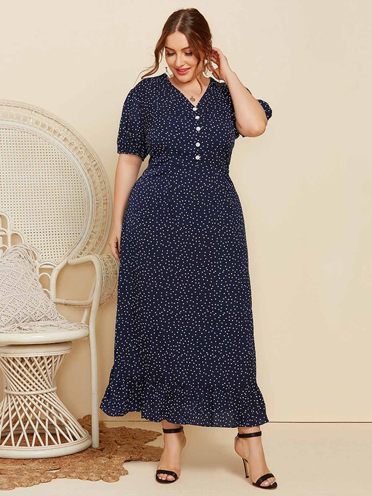 Robe bleu foncé à pois et col en V des années 1930 de grande taille