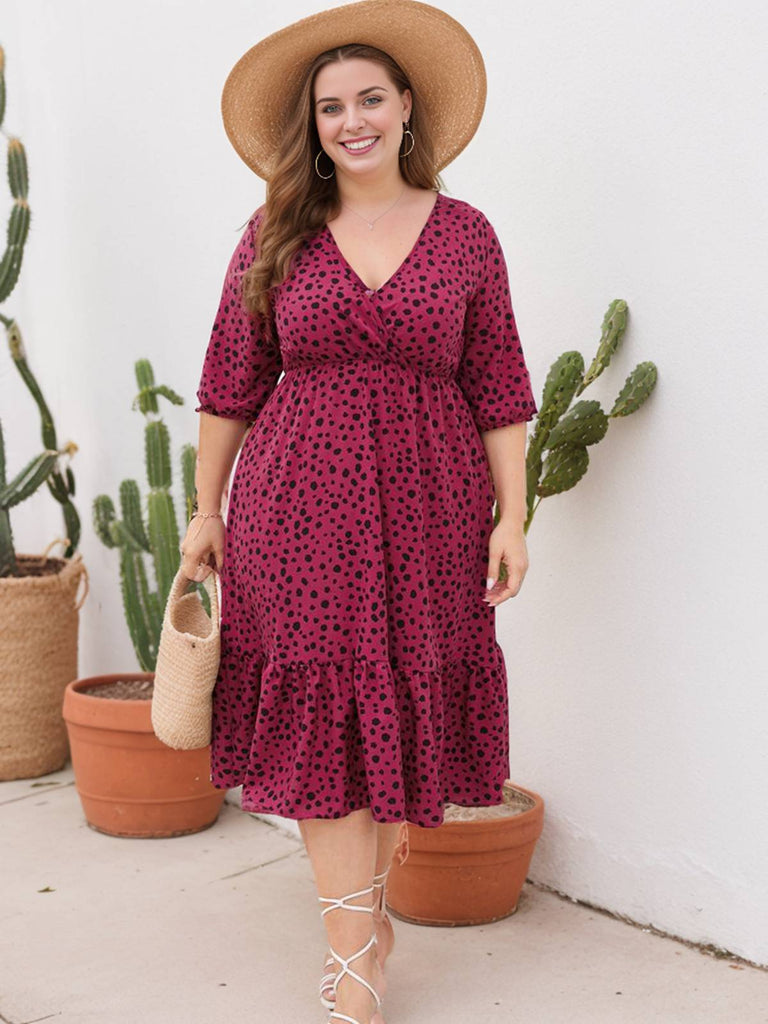 Robe à pois grande taille à manches mi-longues et col en V des années 1950