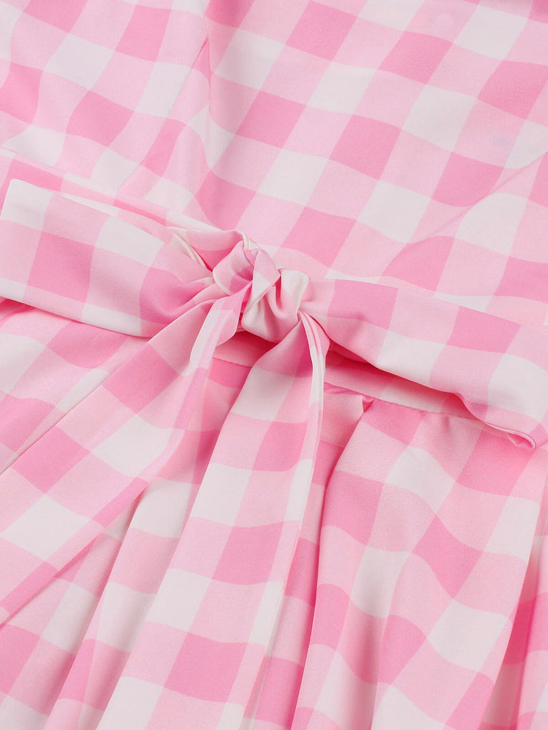 Robe rose grande taille à bretelles à carreaux des années 1950