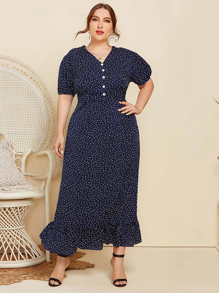 Robe bleu foncé à pois et col en V des années 1930 de grande taille
