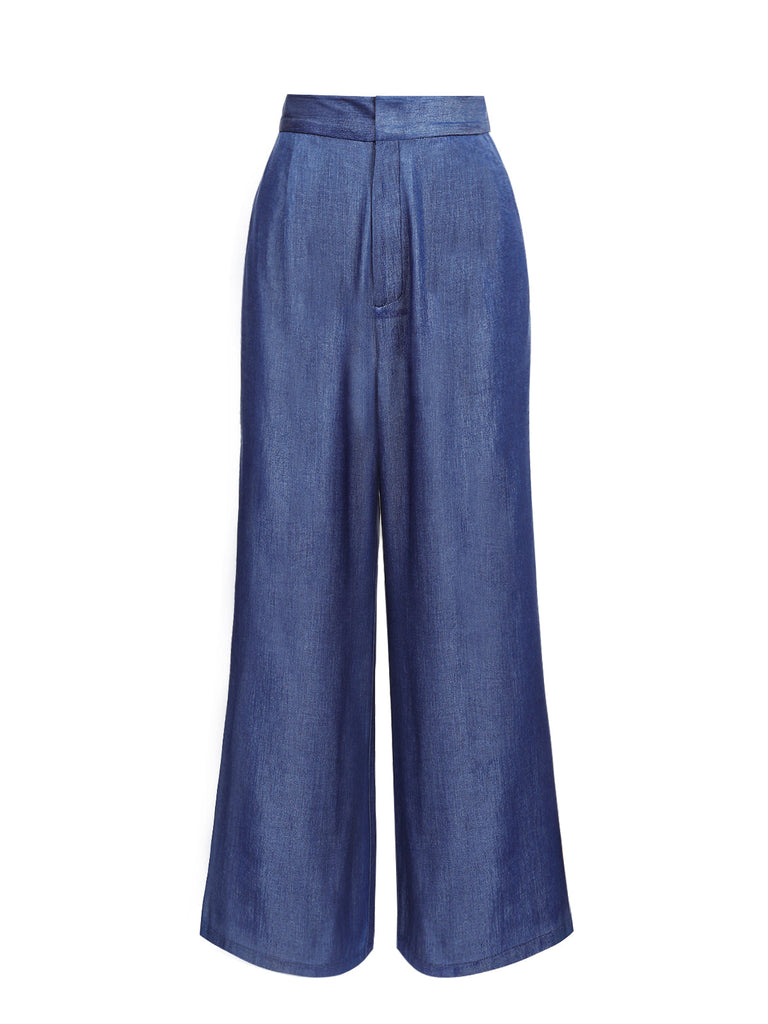 Pantalon large taille haute bleu